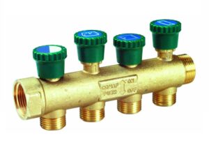 Comap verdeler messing met ingebouwde afsluitkraan 3/4″MF uitgang M22 hartafstand 35 mm 4 kringen Comap verdeler met afsluitkranen