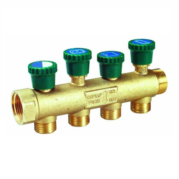 Comap verdeler messing met ingebouwde afsluitkraan 3/4″MF uitgang M22 hartafstand 35 mm 4 kringen Comap verdeler met afsluitkranen