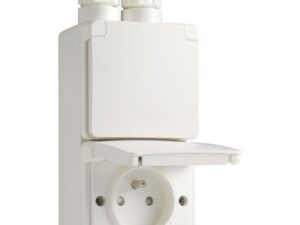 Niko Hydro wit dubbel verticaal stopcontact met penaarde beschermingsafsluiters en schroefklemmen – inclusief doos met twee ingangen bovenaan Niko Hydro wit stopcontacten