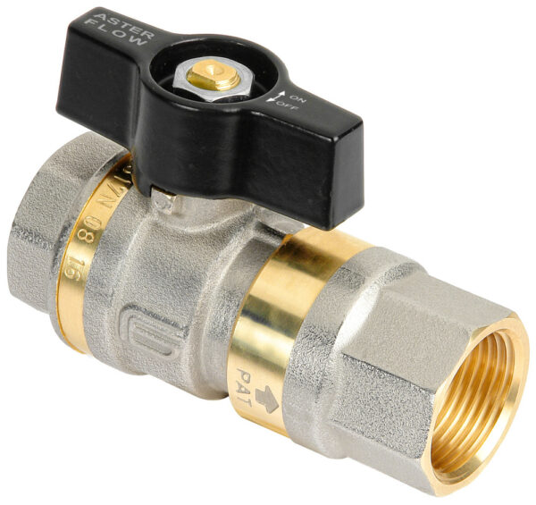 Effebi Aster Flow bolkraan met terugslagklep temperatuurbereik 90°C werkdruk PN 16 3/4″ vlinderhendel aluminium zwart ACS gekeurd Bolafsluiters Vlinder