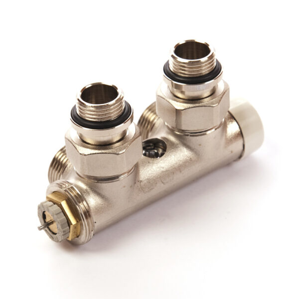 Comap H-blok met insert voor centrale thermostatische aansluiting van verticale radiatoren met aansluiting 1/2″ voor 1 & 2-pijpsinstallaties muuraansluiting H-blok muuraansluiting