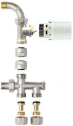 Honeywell Home VTD3012DBS1536 Radiatorset met onderblok voor vloeraansluiting voor paneelradiatoren met 4 aansluitpunten Kranen 1/2