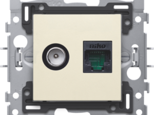 Niko Cream Combinatie coax met RJ45-aansluiting UTP Cat. 6, klaar voor PoE++, vlakke uitvoering, incl. sokkel 60 x 71 mm met klauwbevestiging. Goedgekeurd Wyre (Telenet-Interkabel) en VOO (kopie) (kopie)
