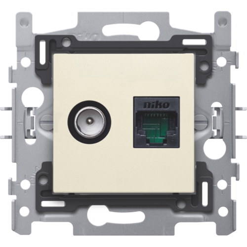 Niko Cream Combinatie coax met RJ45-aansluiting UTP Cat. 6, klaar voor PoE++, vlakke uitvoering, incl. sokkel 60 x 71 mm met klauwbevestiging. Goedgekeurd Wyre (Telenet-Interkabel) en VOO (kopie) (kopie)