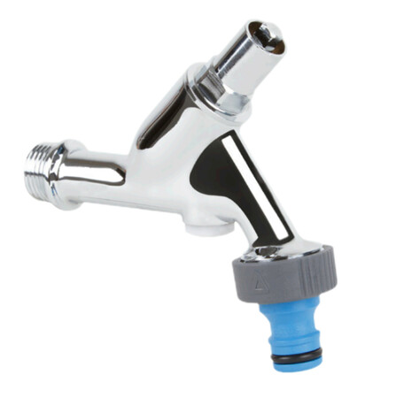 Altus dubbel dienstkraan met beluchter en keerklep sleutelbediening Belgaqua/Kiwa keur glanzend chroom Gevel kranen