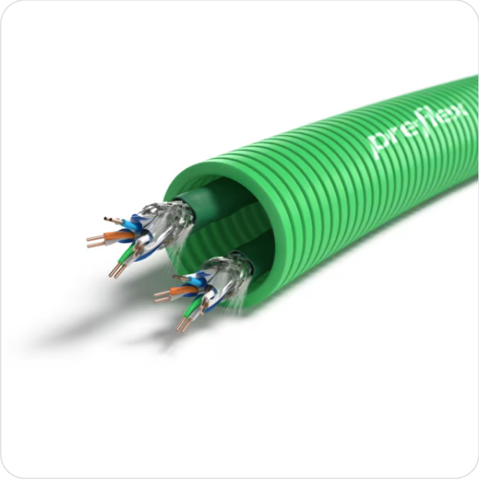 100 meter groen data 2 X S/FTP CAT7E Preflex safe voorbedrade buis 25mm LS0H Halogeen UTP/telefonie