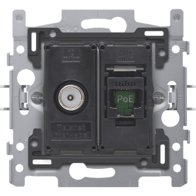 Niko Combinatie coax met RJ45-aansluiting UTP Cat. 6, klaar voor PoE++, vlakke uitvoering, incl. sokkel 60 x 71 mm met klauwbevestiging. Goedgekeurd Wyre (Telenet-Interkabel) en VOO